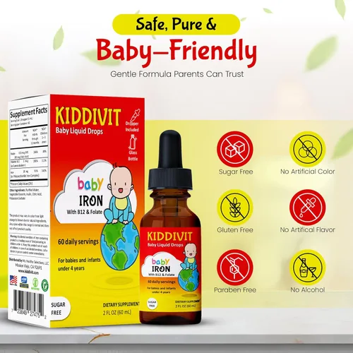 Miniatura 4 de Gotas líquidas de hierro para bebés con vitamina B12 y folato, suplemento suave de soporte de hierro, 60 porciones diarias, fibra prebiótica