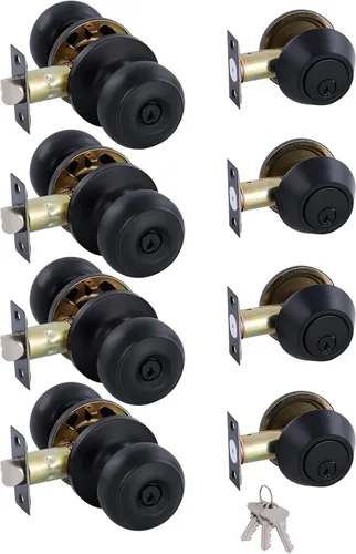 Miniatura 9 de Paquete de 2 pomos de puerta idénticos con llave, cerrojo de seguridad de un solo cilindro, pomos clásicos de níquel satinado para puerta exterior