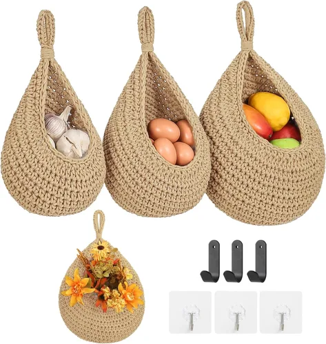 Canastas colgantes de frutas boho para pared de cocina, paquete de 3, contenedor tejido para productos con 6 piezas de ganchos fuertes, cesta de lino