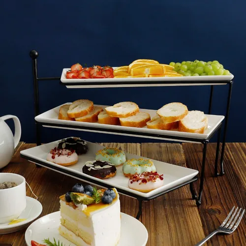 Miniatura 5 de Sweese Soporte para servir de 3 niveles, soporte rectangular plegable de exhibición de alimentos con platos de porcelana blanca, bandejas