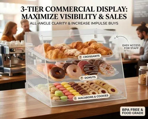 Miniatura 2 de YBSVO vitrina de panadería comercial de 3 niveles, vitrina de repostería de acrílico transparente de 21 pulgadas con bandejas extraíbles, gabinete