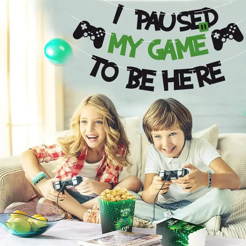 Miniatura 4 de Cartel de decoración de fiesta temática de videojuegos con purpurina con texto en inglés "I Paused My Game To Be Here