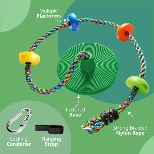 Miniatura 5 de Jungle Gym Kingdom Columpio de Árbol para Niños - Asiento de Disco Individual y Set de Cuerda de Escalada Arcoíris con Mosquetón y Correa de 2.6