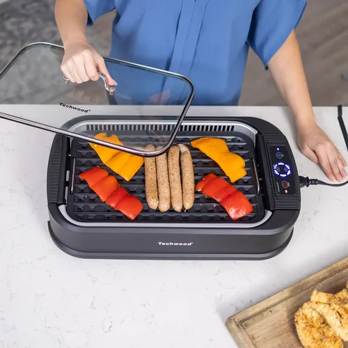 Miniatura 5 de Techwood - Parrilla eléctrica para interiores sin humo, parrilla de barbacoa coreana con tapa de vidrio, tecnología de extractor de humo turbo, Negro