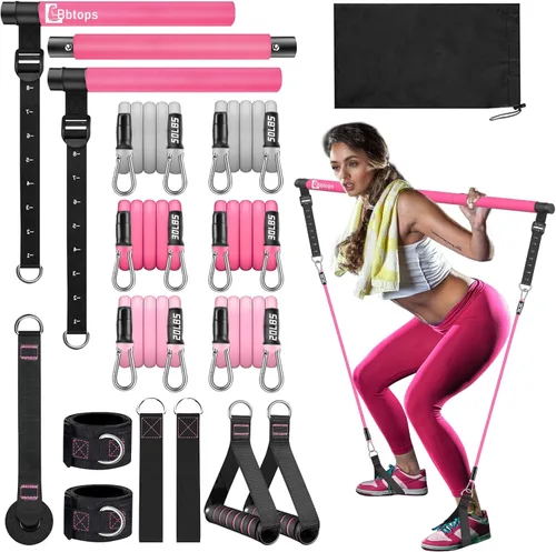 Kit de barra de pilates Bbtops con bandas de resistencia, barra de pilates con bandas apilables, equipo de entrenamiento para piernas, cadera, Rosa