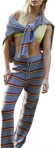 Miniatura 2 de Conjunto de 2 piezas de punto para mujer, suéter suelto con estampado de rayas Y2K + pantalones elásticos, ropa estética urbana