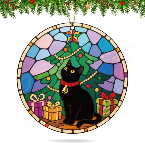 Miniatura 11 de Adornos de Navidad Graciosos de Gato Negro 2025, Adornos Colgantes de Acrílico 2D para Decoraciones de Árbol de Navidad, Adornos de Navidad