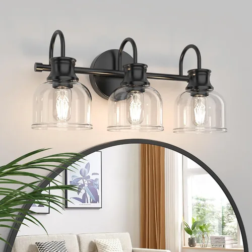 Miniatura 12 de Lámpara de tocador de baño de 3 luces, níquel cepillado, tradicional, clásica, con vidrio transparente, accesorios de iluminación de baño sobre