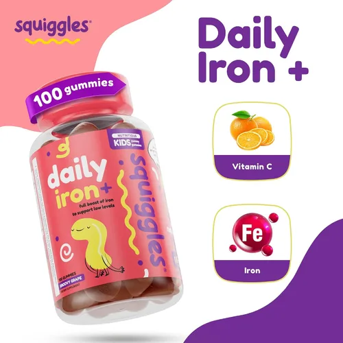 Miniatura 2 de Squiggles Kids Daily Iron+ Gummies - Suplemento masticable con hierro, multivitamínico para niños, bajo en azúcar, vegano, gomitas para niños