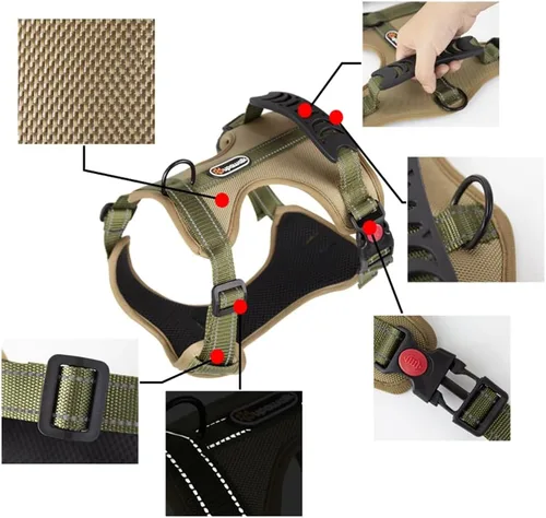 Miniatura 6 de Arnés táctico para perro de tamaño M sin tirones, con asa y ribete reflectante, arnés ajustable para el pecho con clips de correa delantera y Caqui