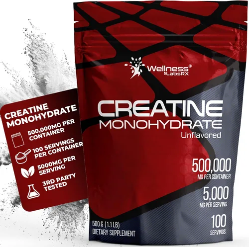 WELLNESS LABSRX Monohidrato de creatina en polvo 17.64 oz – 100 porciones de creatina micronizada en polvo suplemento, creatina sin sabor para
