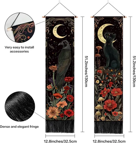 Miniatura 7 de ARTCREATOR Paquete de 2 tapices verticales góticos de decoración de pared oscura caprichosa, diseño de cuervo de gato negro, místico, luna bruja