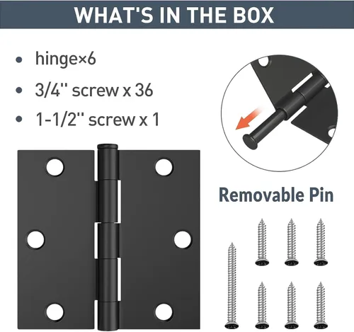 Miniatura 3 de HOSOM Paquete de 6 bisagras de puerta negras de 3.5 pulgadas con esquina cuadrada, bisagra de puerta interior negra mate para puerta de armario
