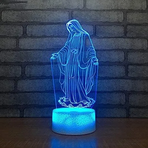 3D Virgen María Luz de Noche LED Lámpara Ilusión 7 Color Cambio Táctil Mesa Escritorio Decoración Lámparas Regalo de Cumpleaños Base Acrílico Cable