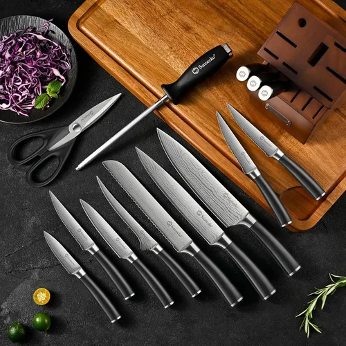 Miniatura 8 de Sunnecko Juego de cuchillos con bloque y afilador, juego de bloque de cuchillos de cocina de 15 piezas, cuchillos de cocina afilados, acero Negro
