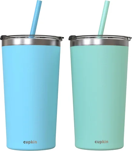 Miniatura 17 de CUPKIN - Taza apilable de acero inoxidable para niños, taza de batido, tazas aisladas con recubrimiento en polvo, tapa libre de BPA y pajilla de Rosa