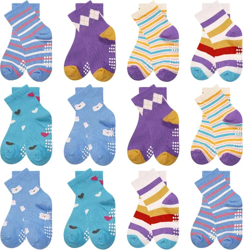 Miniatura 8 de Calcetines antideslizantes para niñas pequeñas, calcetines de agarre antideslizantes, 12 pares con divertidos patrones para niñas de 1 a 7 años