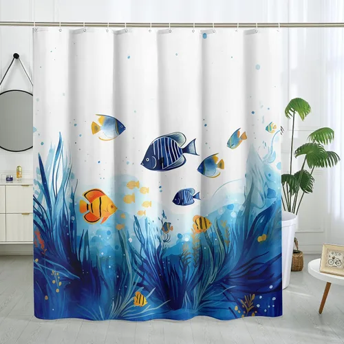 Miniatura 26 de Juego de cortinas de ducha de ballena azul, divertidas cortinas de ducha de dibujos animados de océano para baño, decoración de baño para niños