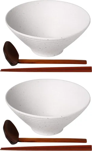 Miniatura 8 de Kanwone Juego de cuencos de cerámica japoneses para ramen, cuencos de sopa de fideos, 37 onzas, con cucharas y palillos a juego para fideos Negro