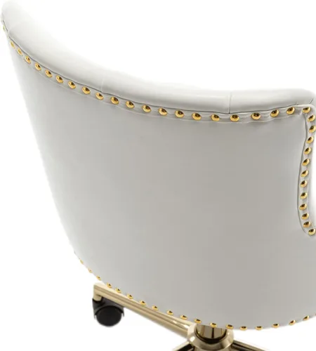 Miniatura 5 de BTEXPERT Silla de oficina en casa con base dorada de piel sintética blanca, ajustable, tapizado de uñas dorado, tapicería, dormitorio, estudio