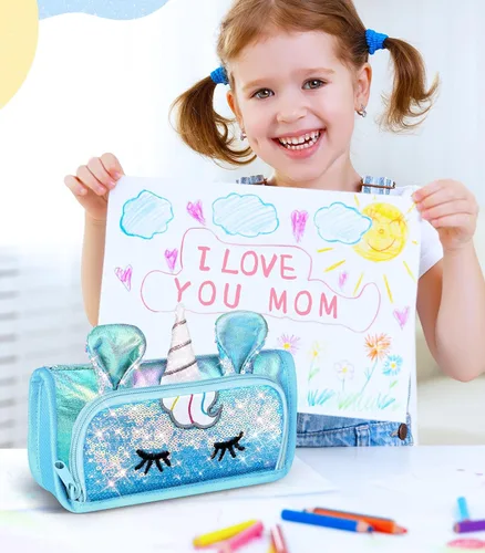 Miniatura 4 de Lindo estuche para lápices, estuche 3D para niñas y niños, bolsa brillante para lápices con lentejuelas para estudiantes, suministros escolares