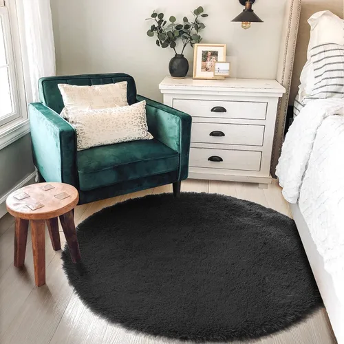 Miniatura 3 de Alfombra redonda pequeña negra de 3 pies para dormitorio, alfombra circular esponjosa para decoración de sala de estar, alfombra circular peluda