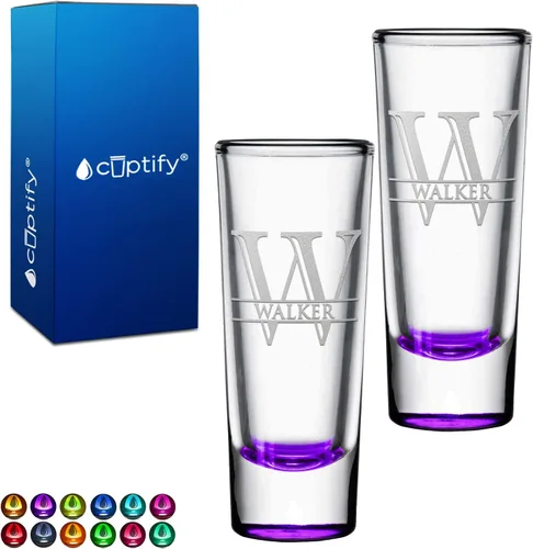 Miniatura 76 de Vaso de chupito personalizado con fondo verde azulado personalizado de 2 oz, vasos de chupito cordial con inicial en script dividido y nombre