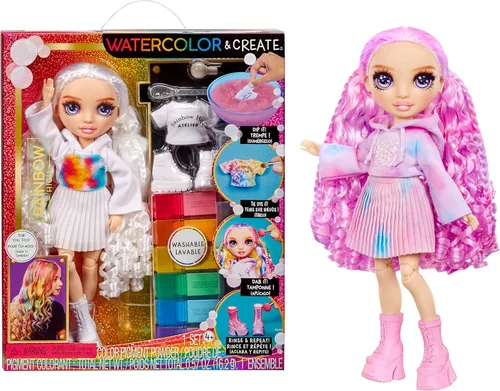 Miniatura 10 de Rainbow High Muñeca de moda DIY para crear con acuarelas y crear con kit de tie-dye lavable, ojos verdes, cabello largo y liso, top y zapatos