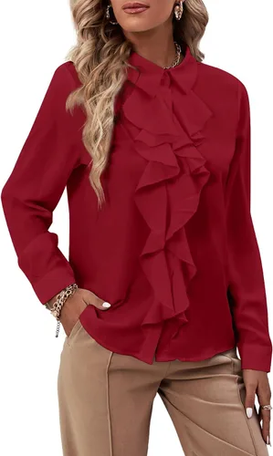 Miniatura 33 de LYANER - Blusa de manga larga con cuello de botón y volantes en la parte delantera para mujer