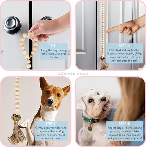 Miniatura 7 de Campana de entrenamiento para perros y cachorros, timbre de entrenamiento al aire libre - Zoomie Paws, cuentas de madera con campanas doradas Oro