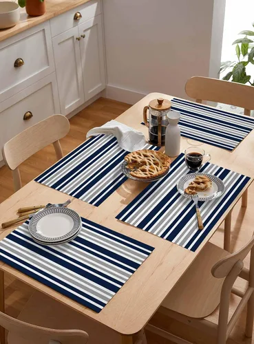 Miniatura 5 de Juego de 6 manteles individuales lavables de lino y algodón para cocina, mesa de comedor, color azul marino, gris y blanco, a rayas