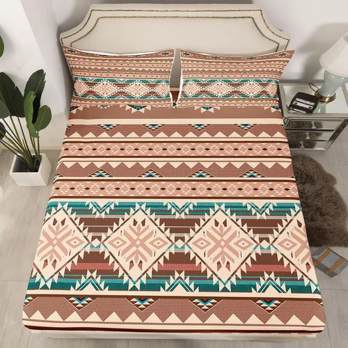 Juego de ropa de cama occidental tamaño individual, sábanas aztecas, estilo nórdico exótico, bohemio, sábana bajera ajustable de tribu india,