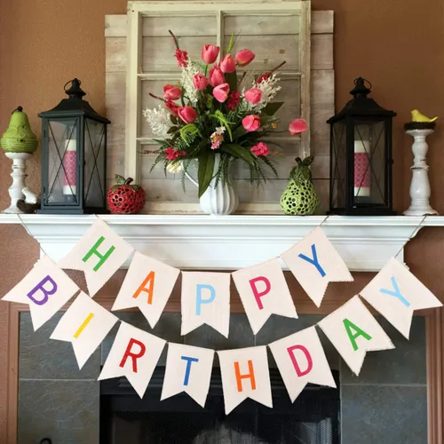 Miniatura 7 de Cartel de feliz cumpleaños de arpillera con letras negras rústicas banderines banderines de cumpleaños guirnalda banderas para decoraciones