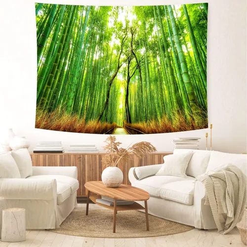 Miniatura 5 de Delur Tapiz de camino del bosque, puesta de sol, selva tropical tropical, árbol natural, tapiz para colgar en la pared, cabecera de paisaje verde