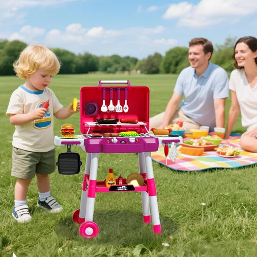 Miniatura 8 de Parrilla de juguete para niños, juego de parrilla de barbacoa con luz y sonido, efecto de humo y 2 ruedas, comida de juguete, accesorios de cocina