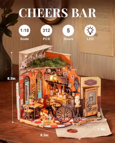 Miniatura 2 de Rolife Kit de casa en miniatura de bricolaje Cheers Bar Dining, estantería de Rincón del libro 3D para decoración de adultos, kits de casa