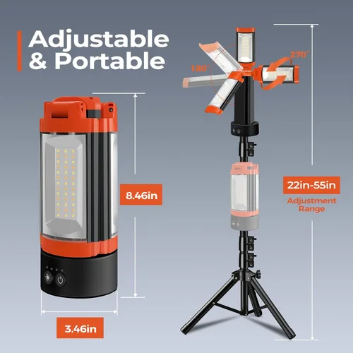 Miniatura 7 de Luz de campamento recargable de 12000 mAh con soporte ajustable, luz de trabajo inalámbrica con 3 cabezales de lámpara LED, linterna de emergencia