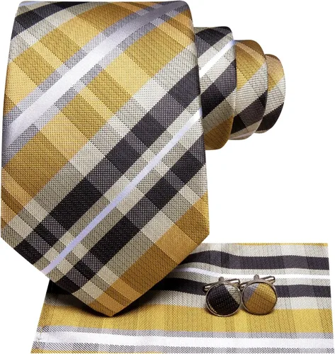 Miniatura 305 de Hi-Tie Corbata clásica de cachemira para hombre con pañuelo y gemelos a cuadros
