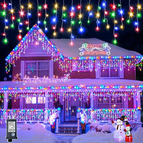 Miniatura 12 de Luces de Navidad de carámbano para exteriores, 66 pies, 640 luces LED de Navidad azules y blancas, 8 modos con 120 gotas, luz de carámbano