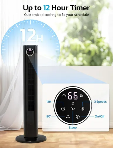 Miniatura 3 de ZAFRO Ventilador de torre para dormitorio, ventilador oscilante de 90° con 4 modos, 3 velocidades, velocidad de 25 pies/s, temporizador de 12 horas