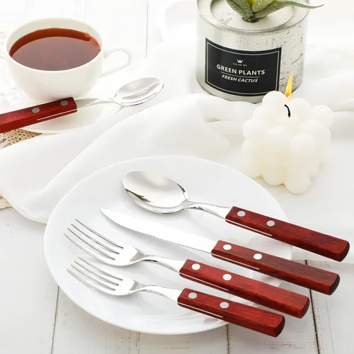 Miniatura 7 de Juego de cubiertos con mango de madera, 40 piezas, mango de nogal, 18/8 (304), acero inoxidable, mango de madera, cuchillo, tenedor, cuchara