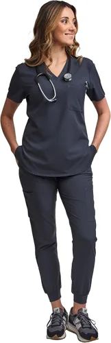 Miniatura 6 de Green Town Conjunto de ropa quirúrgica para mujer, pantalón deportivo y parte superior con cuello en V, 5 bolsillos, cintura de yoga, uniforme