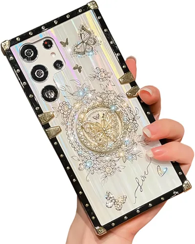 Miniatura 41 de Bonita funda compatible con Samsung Galaxy S22 Ultra, soporte plegable de lujo con diseño de mariposa brillante para mujeres y niñas, funda Blanco