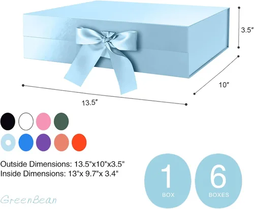 Miniatura 6 de GREEN BEAN Caja de regalo grande con tapa para regalo de 13 x 9.7 x 3.4 pulgadas, caja magnética azul bebé con cinta, propuesta de dama de honor