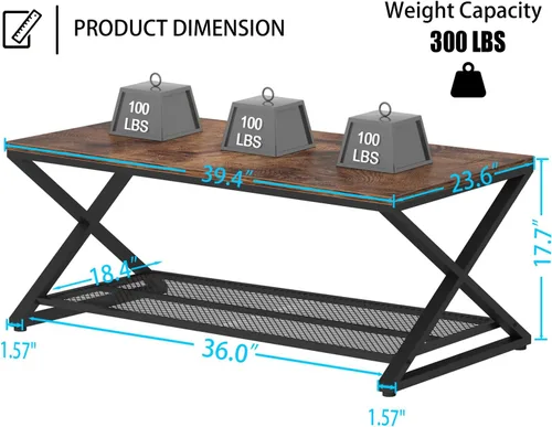 Miniatura 2 de LVB Mesa de café rústica, mesa de cóctel de té de madera y metal industrial de 2 niveles con almacenamiento para sala de estar, mesa central Marrón