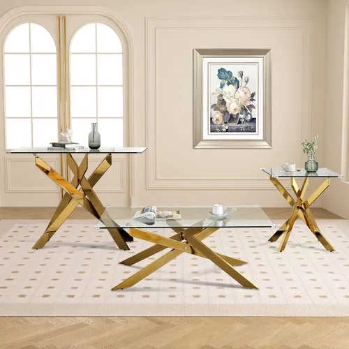 Miniatura 16 de Mesa de centro rectangular moderna de cristal, mesa central de vidrio templado y patas de metal chapado en oro para sala de estar, oficina en casa