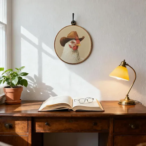 Miniatura 4 de DOFQZ Decoración de pared redonda de pollo occidental, arte de pared enmarcado del suroeste de campo, lienzo retro de pollo vaquero para colgar