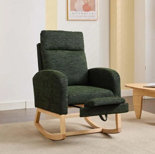 Miniatura 13 de Mecedora de lactancia de 40 pulgadas, sillas de guardería con reposapiés ajustable, respaldo alto, sillón tapizado con bolsillos laterales, mecedora