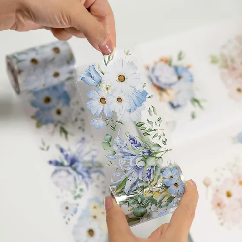 Miniatura 4 de WT Serene - Cinta ancha de PET, rollo individual, diseños originales, cinta decorativa de flores azules acuarela, cinta adhesiva transparente WT