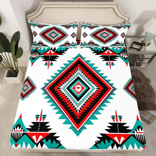 Miniatura 10 de Juego de ropa de cama occidental tamaño individual, sábanas aztecas, estilo nórdico exótico, bohemio, sábana bajera ajustable de tribu india